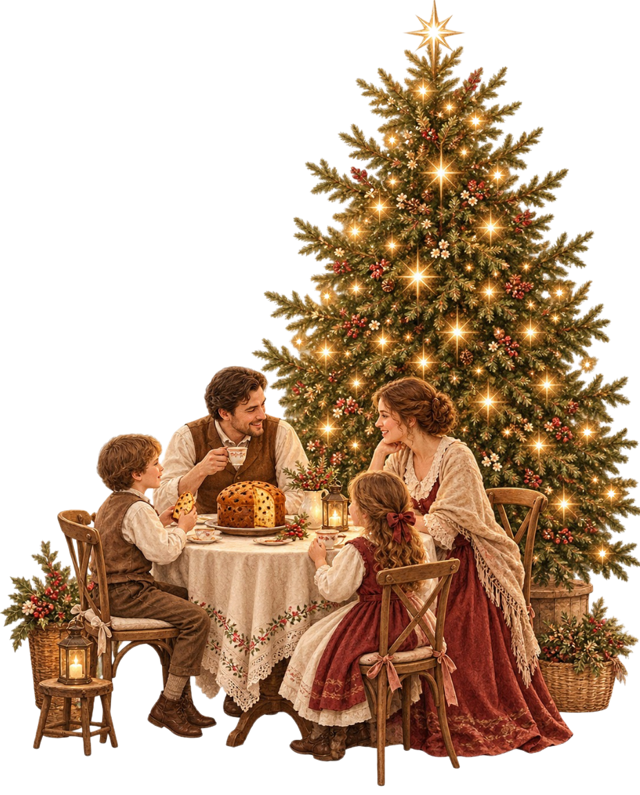 Família reunida comendo panettone diante da árvore de Natal